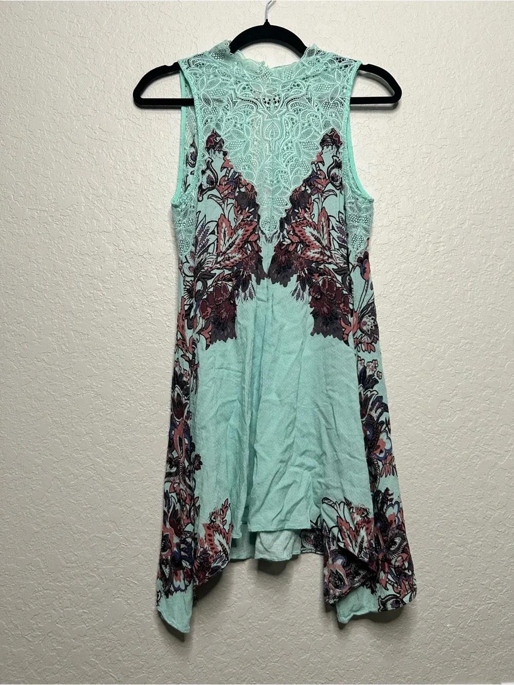 Intimately Free People Mint Floral Lace Handkerchief Hem Tunic Dress